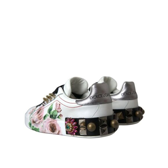 Dolce & Gabbana White Leather Crystal Roses Floral Sneakers Women's Shoes - Picture 4 of 6